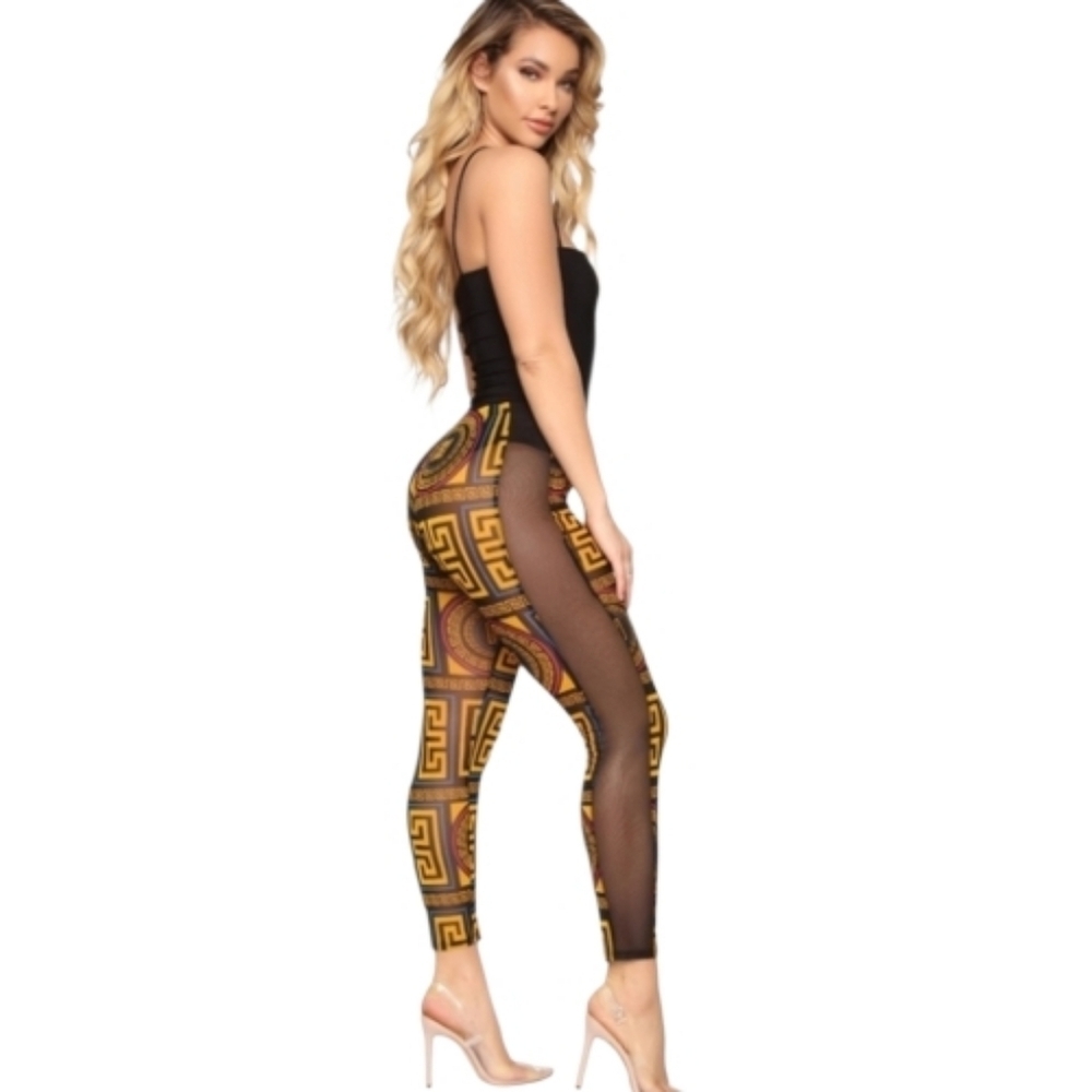 Fashion Nova Black and Gold Geometric Mesh Leggings. Size M.